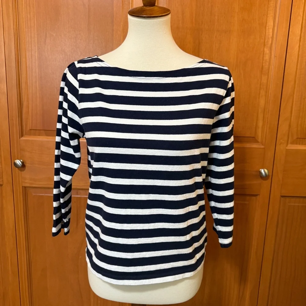 J Crew Navy and White Striped Mariner Fabric Boat Neck Top